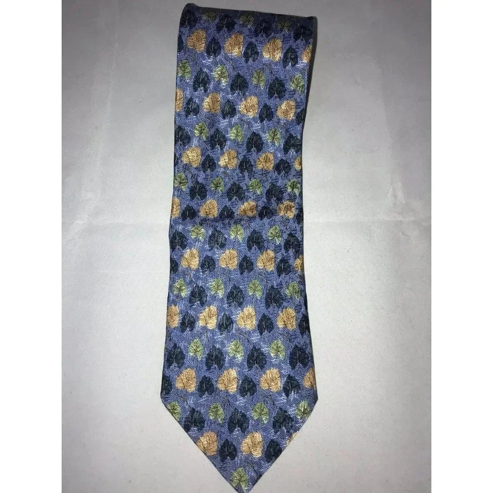 Ermenegildo Zegna Green Brown Tree Bush Leaves Blue 100% Silk Classic Neck Tie